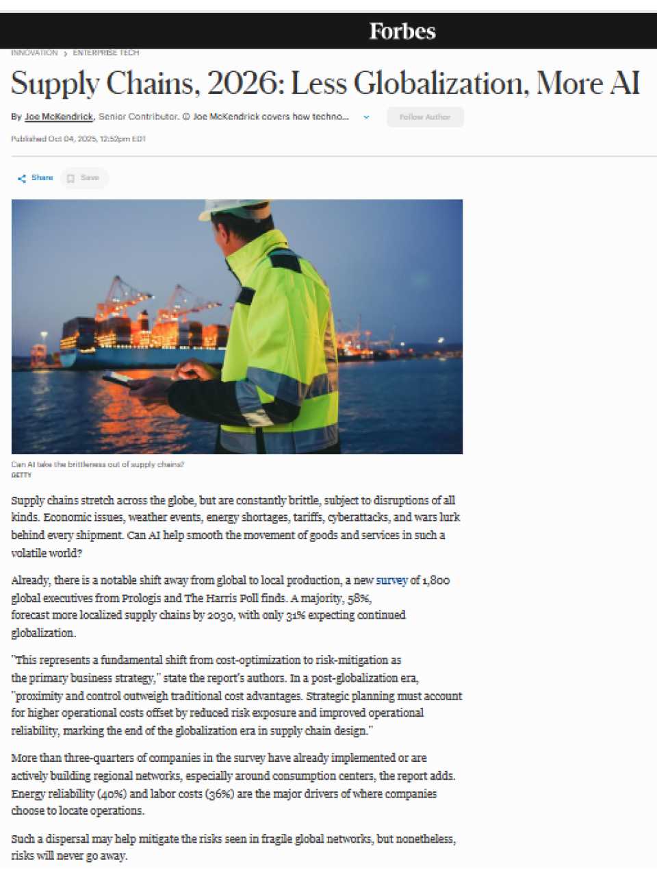 Supply Chains, 2026: less globalization, more AI