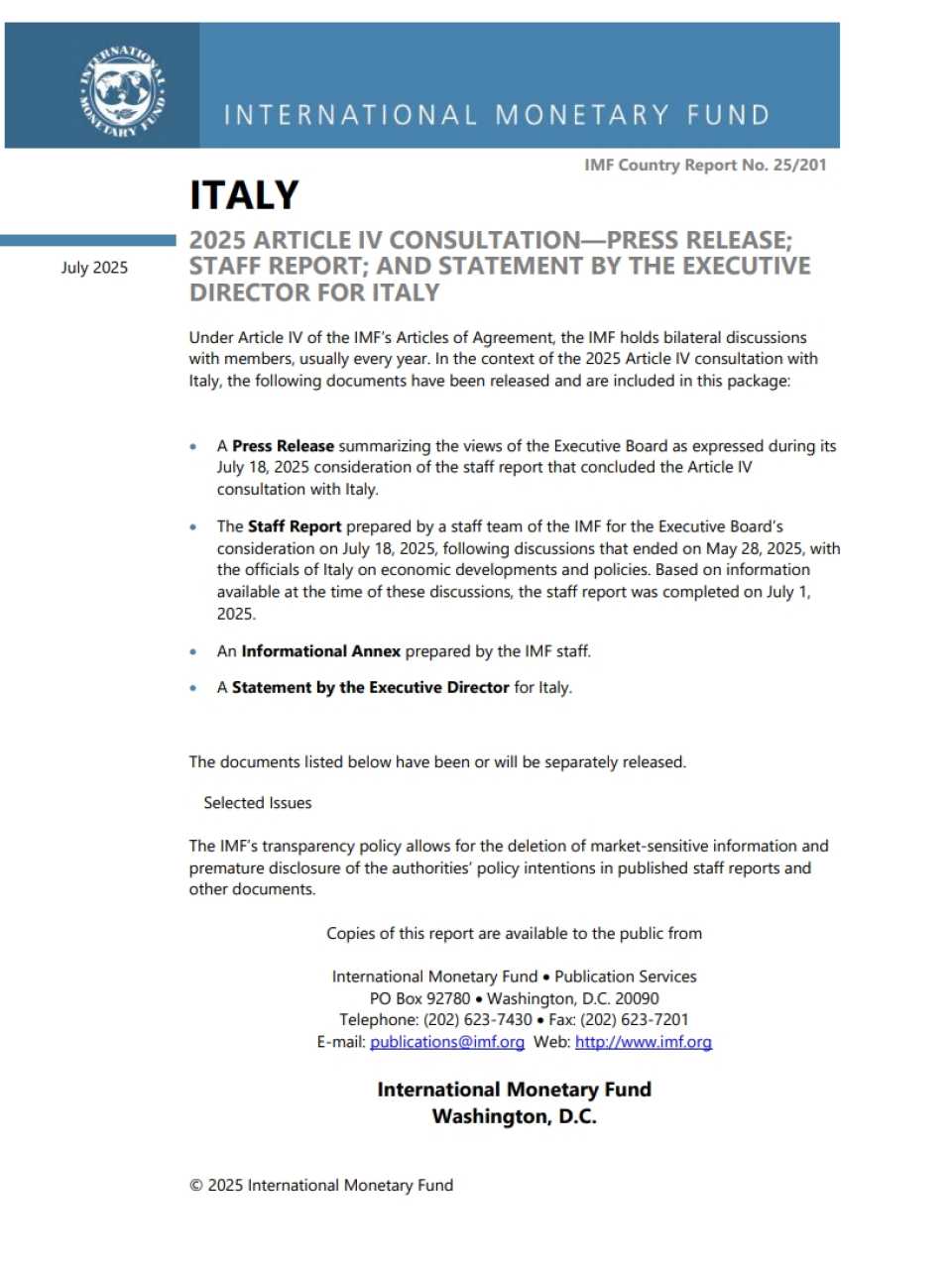 Italy: 2025 article IV consultation-press release; staff report; and statement by the executive director for Italy