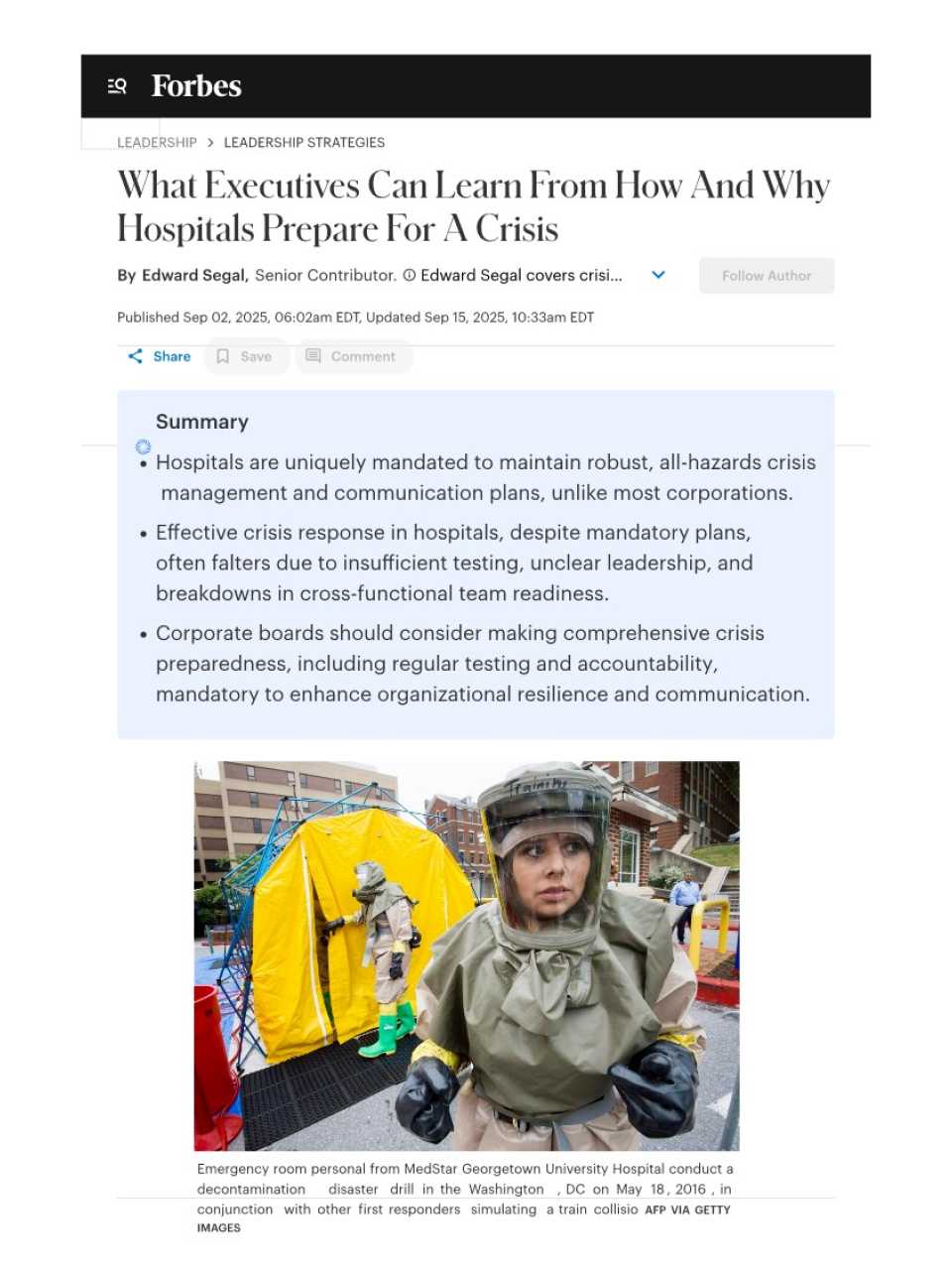 What Executives can learn from how and why hospitals prepare for a crisis