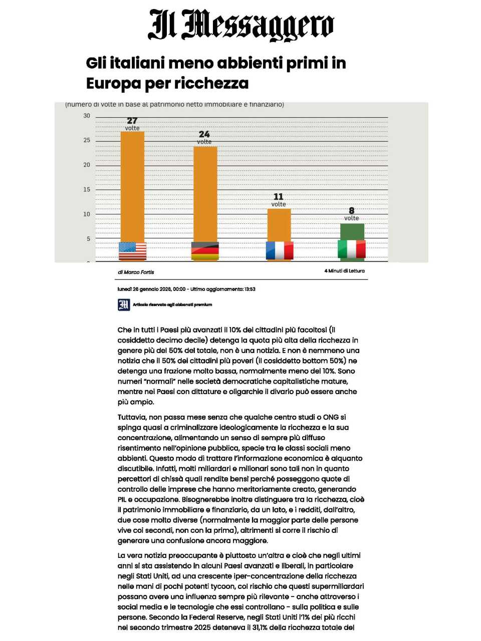 Gli italiani meno abbienti primi in Europa per ricchezza