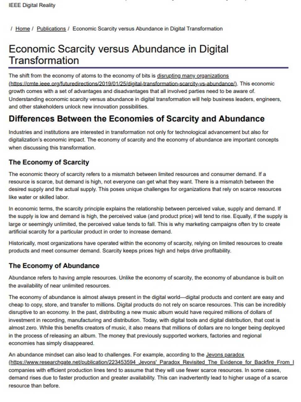 Economic Scarcity versus Abundance in Digital Transformation