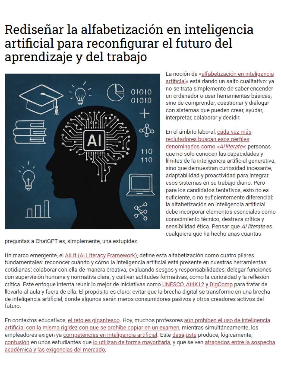 Rediseñar la alfabetización en inteligencia artificial para reconfigurar el futuro del aprendizaje y del trabajo