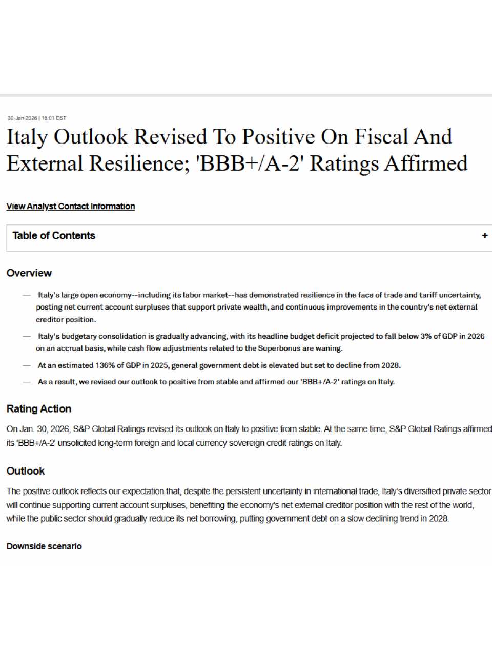 Italy outlook revised to positive on fiscal and external resilience
