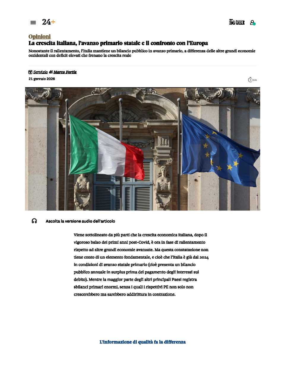 La crescita italiana, l’avanzo primario statale e il confronto con l’Europa