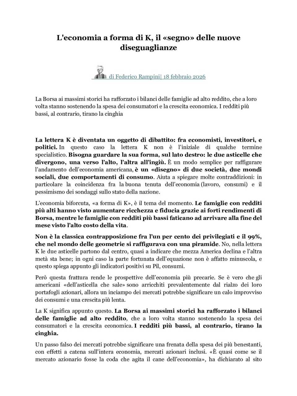 L'economia a forma di K, il «segno» delle nuove diseguaglianze