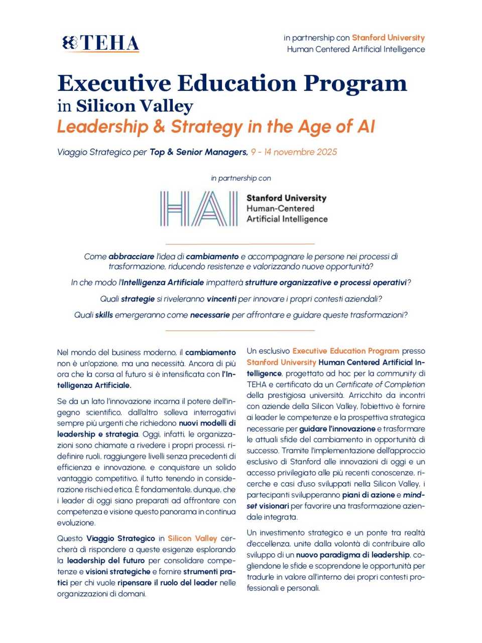 Scheda di adesione e nota informativa Executive Education Program in Silicon Valley