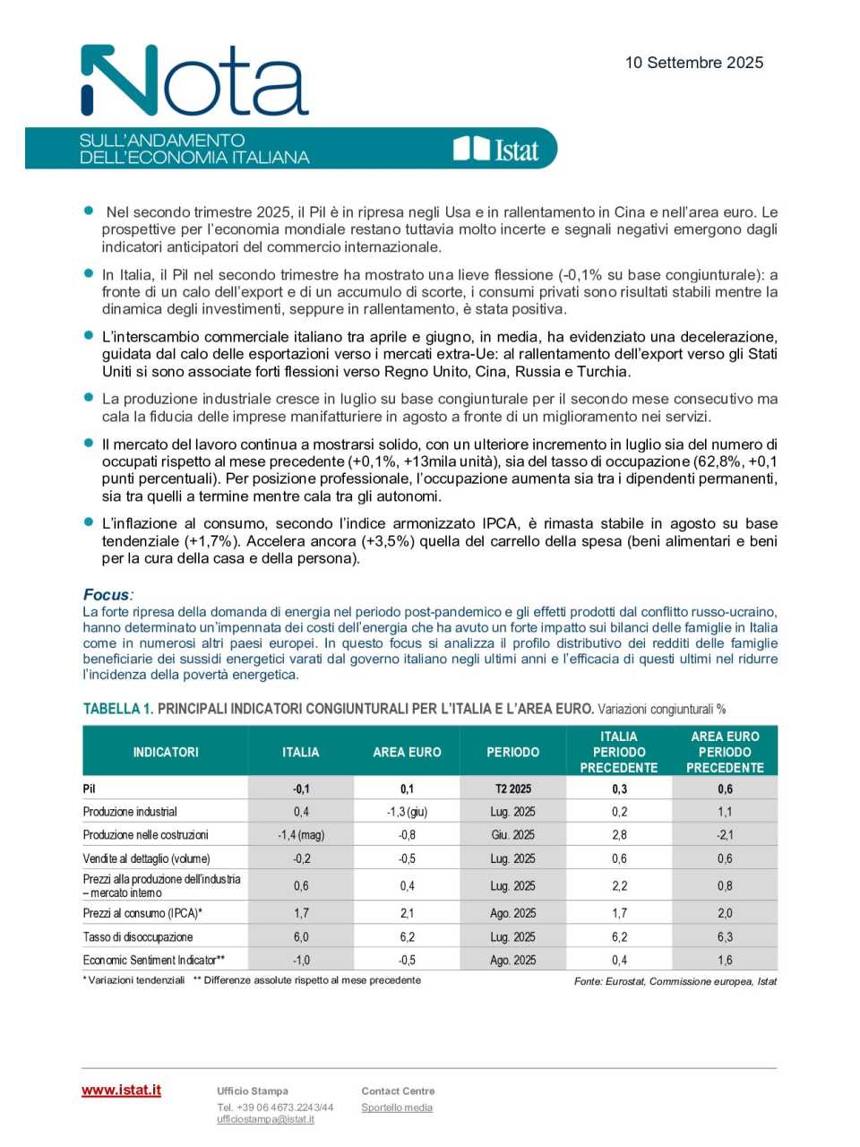 Nota sull’andamento dell’economia italiana - Luglio-Agosto 2025