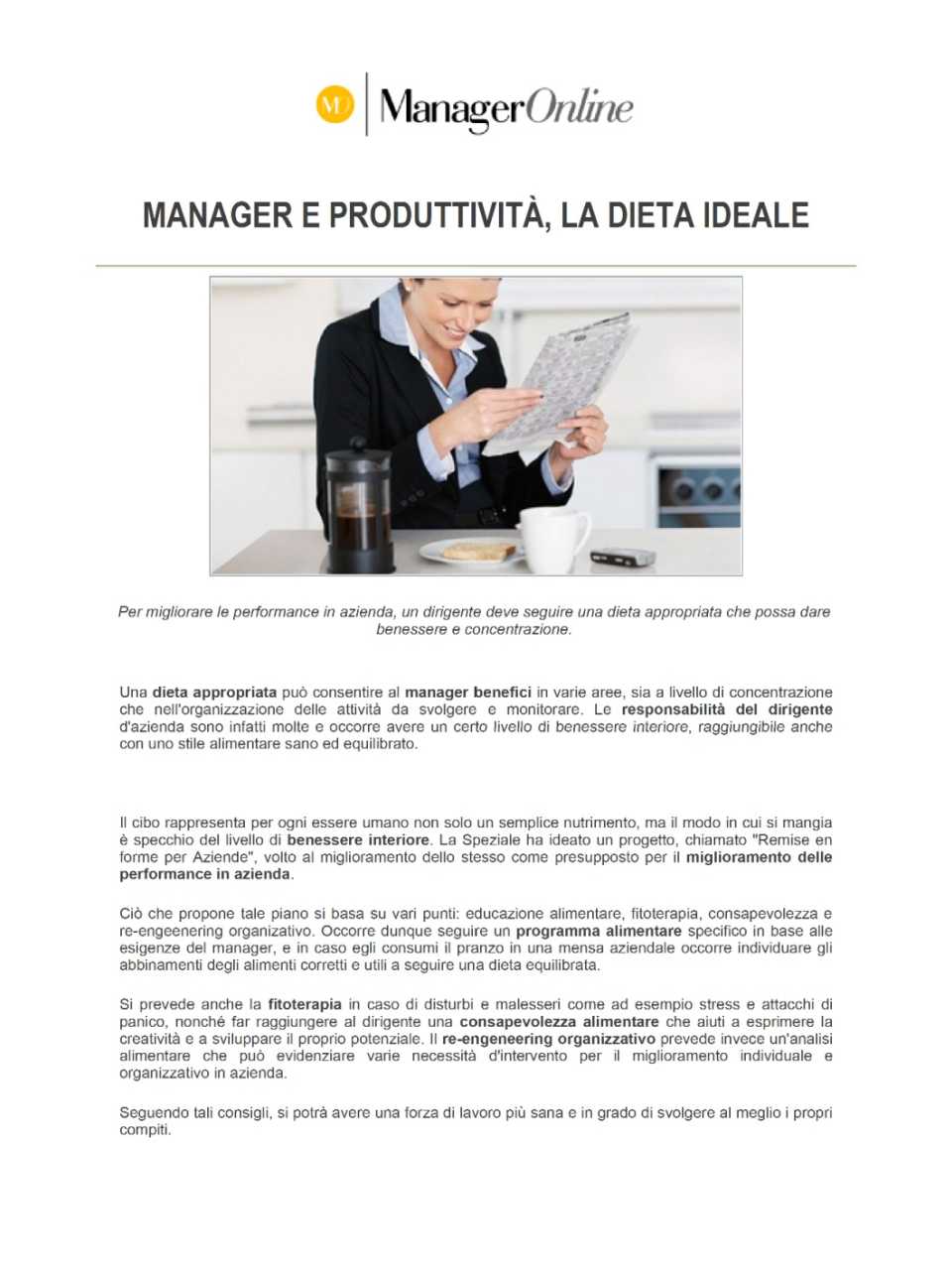 Manager e produttività, la dieta Ideale