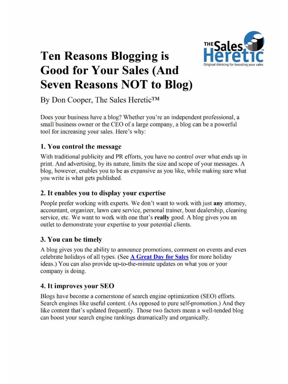 Ten reasons blogging is good for your sales (and sevens reasons NOT to blog)