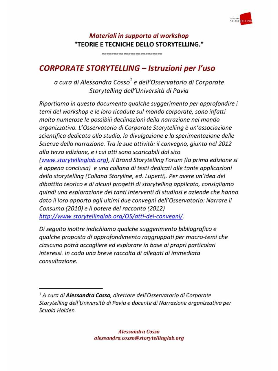 Materiali in supporto al workshop teorie e tecniche dello storytelling