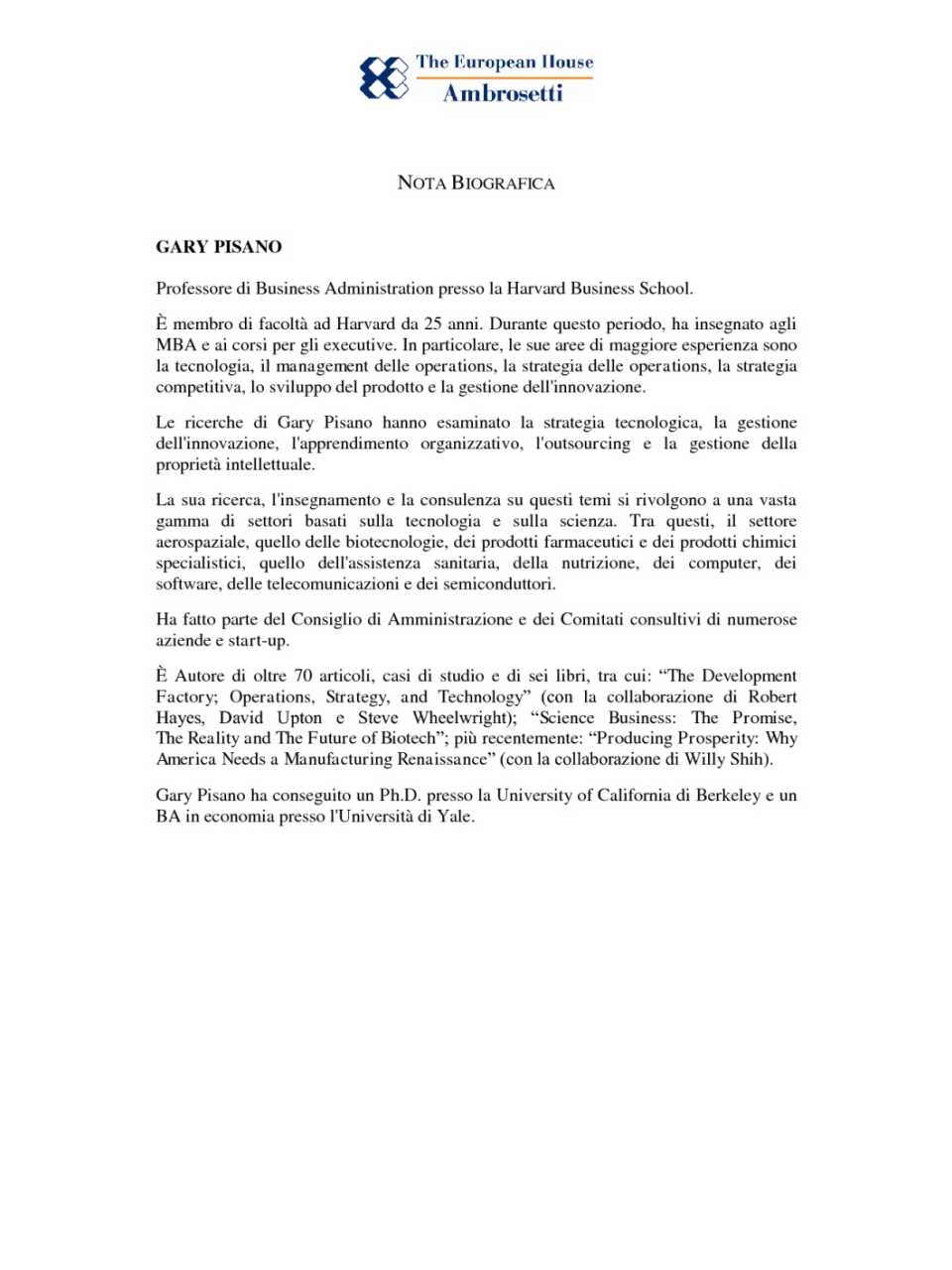 Nota biografica - Gary Pisano