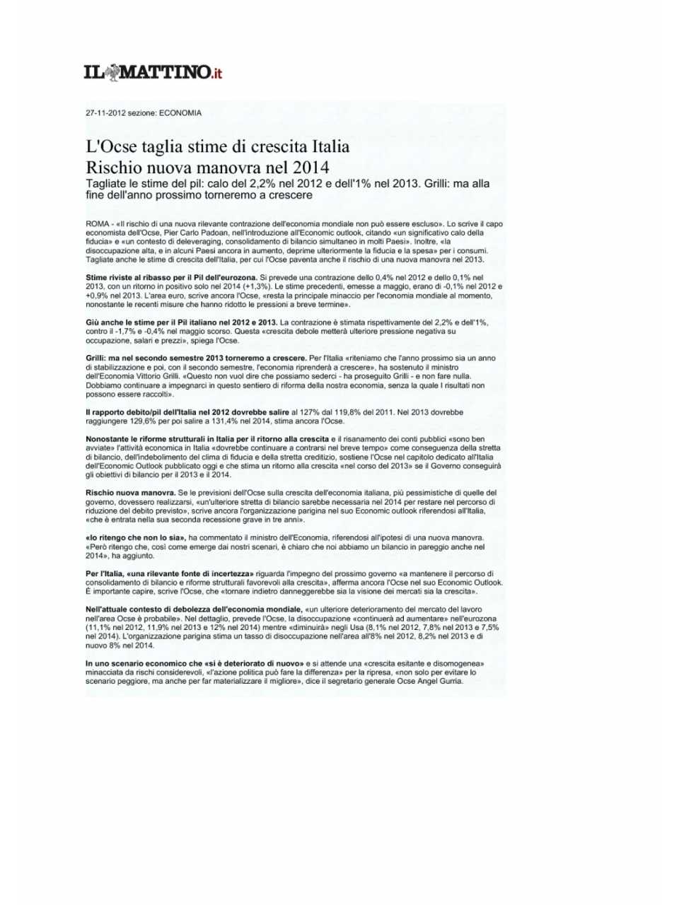 L'OCSE taglia stime di crescita Italia. Rischio nuova manovra nel 2014