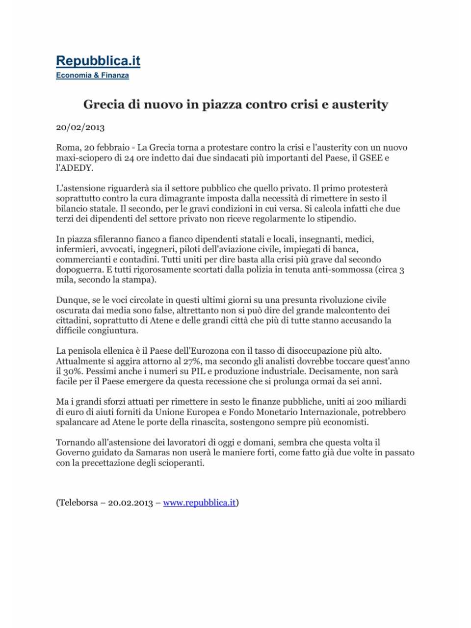 Grecia di nuovo in piazza contro crisi e Austerity